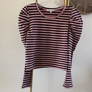 Rebecca Minkoff Pink and Black Striped Knit Puff Sleeve Top Sweater Small